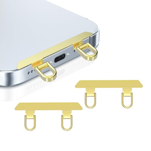2 Pack Phone Lanyard Tab, 2-Ring Metal Tether Tab for iPhone - Thin Stainless Steel Cell Phone Lanyard Patch - color: Gold
