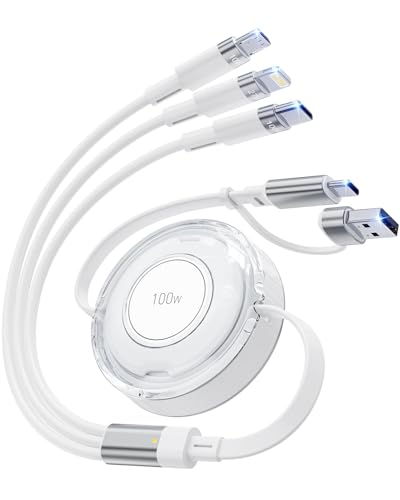 Multi Charging Cable, 100W 5-in-1 Retractable Charging Cable, USB C/Lightning/Micro Fast Charging Cables for Multiple Devices Compatible with iPhones, iPads, Tablets, Galaxy, Note - 4Ft/1.2M, White