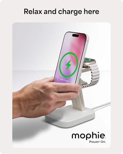 Mophie 2-in-1 Wireless Charging Stand - Qi2-Certified, MagSafe Charger for iPhone & Apple Watch – Fast Charging Station with Adjustable Phone Stand & Cable Management – Up to 15W Power - color: White, size: 2-in-1 iPhone/ Apple Watch Charging Stand