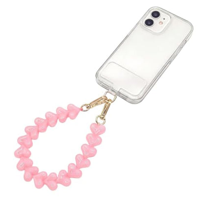 Heart Beaded Phone Wristlet | Phone Wrist Strap With Tether Tab | Cute Accessory for Phone, AirPods, Bag, Keys, Camera - color: Cloud Pink