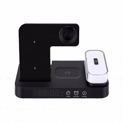 ASHATA 4 in 1 Wireless Charging Station 3 in 1 Stand with Digital Alarm Clock 7 Color Night Light for Phone Watch Earbuds (Black) - color: Black