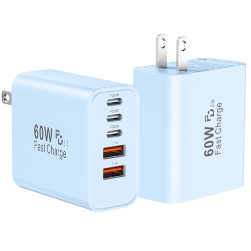 USB C Charger Block Fast Charging,60W Phone Charger USBC Wall Plug Adapter - color: Blue-2Pack