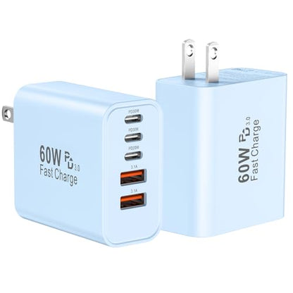 USB C Charger Block Fast Charging,60W Phone Charger USBC Wall Plug Adapter - color: Blue-2Pack