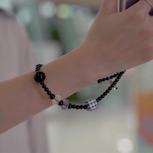 Elegant black bow beaded mobile phone charm -Stylish and lovely mobile wrist strap, cute accessories charm - Perfect for iPhone - style: Black round bead