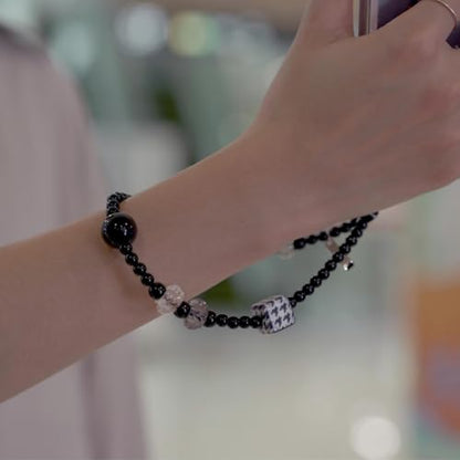 Elegant black bow beaded mobile phone charm -Stylish and lovely mobile wrist strap, cute accessories charm - Perfect for iPhone - style: Black round bead