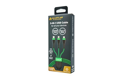 M.A.D LAB 100W USB-C Multi Charging Cable, 3-in-1 Nylon Braided, 4.3 ft