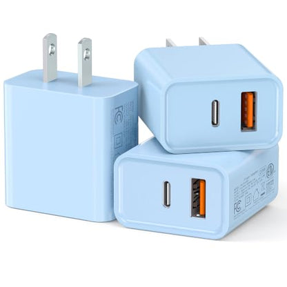 3 Pack USB C Wall Charger, 20W Durable Dual Port QC+PD 3.0 Power Adapter, Double Fast Plug Charging Block for Phone 14/15/16/17 Pro/Pro Max/Plus, XS/XR/X, Watch Series 8/7 Cube - color: Baby Blue