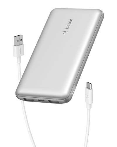 Belkin 10000mAh 15W 3 Port Power Bank, USB A to USB C Cable Included | Fast Charging, iPhone 17, Samsung Galaxy, Pixel, Airpods, iPad, Nintendo Switch 2, Battery Pack, USB C Port, USB A Port - color: Silver