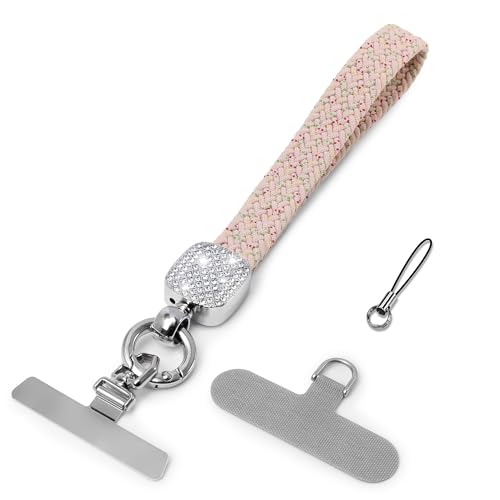 Elastic Phone Lanyard with Phone Tabs, Stretchy Braided Cellphone Wrist Strap and Keys Keychain - color: Bling Pink