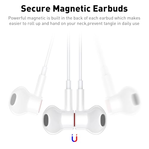 USB C Headphones Magnetic Wired Earbuds with Mic for Apple/Samsung Android - color: White/ Red