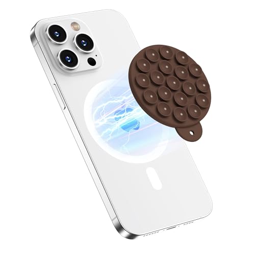 Magnetic Suction Cup Phone Mount with MagSafe, Silicone Hands-Free Grip Holder for iPhone Case and Android, Mirror Shower Phone Stand for Makeup FaceTime Gym Kitchen Bathroom, Chocolate - color: Chocolate