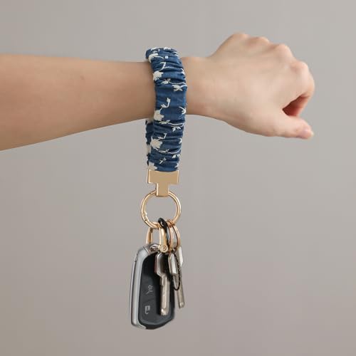 Blue Floral Scrunchie Wristlet Keychain– Tarnish-Resistant Key Ring - color: Denim Daisy Wrist Keychain