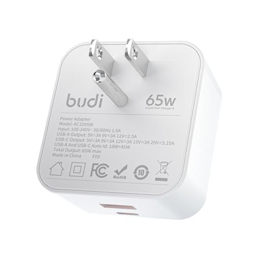 BUDI Flat USB C Wall Charger, 65W 2-Port Slim USB Wall Charger, Fast Charging Block Power Delivery for iPhone 17/16/15/14/13/12/11/Pro Max/XS/XR/8/7 - color: 2Ports(1USB A+1USB C)