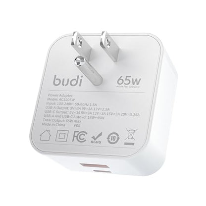 BUDI Flat USB C Wall Charger, 65W 2-Port Slim USB Wall Charger, Fast Charging Block Power Delivery for iPhone 17/16/15/14/13/12/11/Pro Max/XS/XR/8/7 - color: 2Ports(1USB A+1USB C)