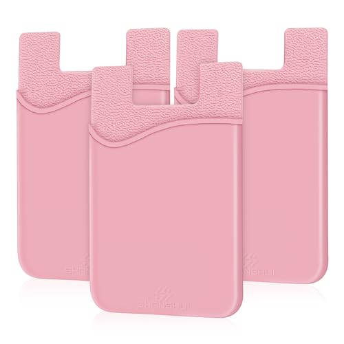 SHANSHUI Phone Card Holder, Slim Silicone Credit Card ID Cell Phone Wallet Stick on Pocket for Phone Cases All Smartphones - 3 Pack Pink - color: Pink x3