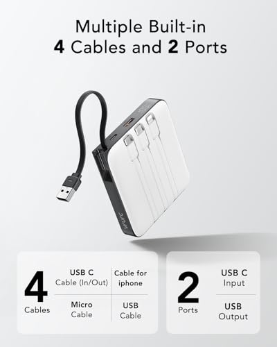 20000mAh Portable Charger Built-in Cables, 22.5W Fast Charging Power Bank - color: White