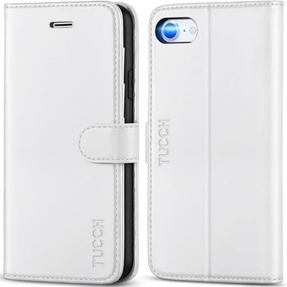 TUCCH Case Wallet for iPhone SE 2022/SE 2020/iPhone 8/7 (4.7"), White | 3 Card Holders, Kickstand, PU Leather, Shockproof TPU Shell, Magnetic Closure, Protective Folio Cover - color: White