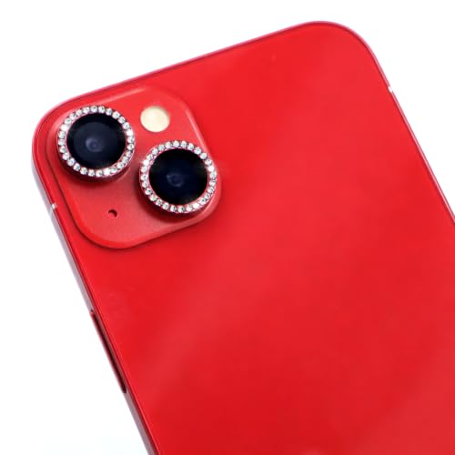 Camera Lens Protector for iPhone 15/15 Plus/14/14 Plus Bling Diamond Metal Ring Rhinestone Tempered Glass Lens Cover Accessories (Red) - color: Red