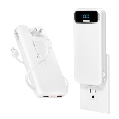 aonidi Portable Charger 12000mAh with Built-in Cables&AC Wall Plug, White - color: White