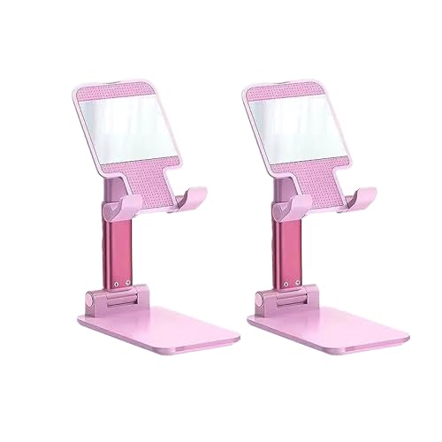 2 Pack Cell Phone Stand for Desk,Fully Foldable,Portable,Phone Holder with Silicon Pad,Angle Height Adjustable,Metal Weighted for Base,Compatible with All Mobile Phones(Pink & Pink) - color: Pink & Pink