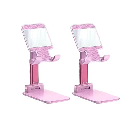 2 Pack Cell Phone Stand for Desk,Fully Foldable,Portable,Phone Holder with Silicon Pad,Angle Height Adjustable,Metal Weighted for Base,Compatible with All Mobile Phones(Pink & Pink) - color: Pink & Pink