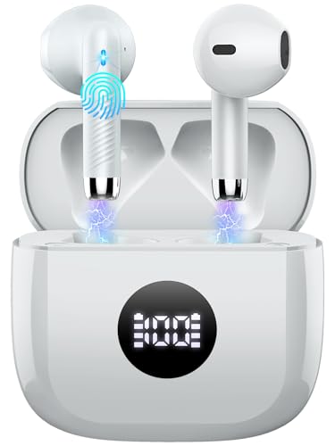 Wireless Earbuds, Bluetooth 5.4 Ear Buds, LED Power Display, 6D Bass Stereo - color: Light Grey