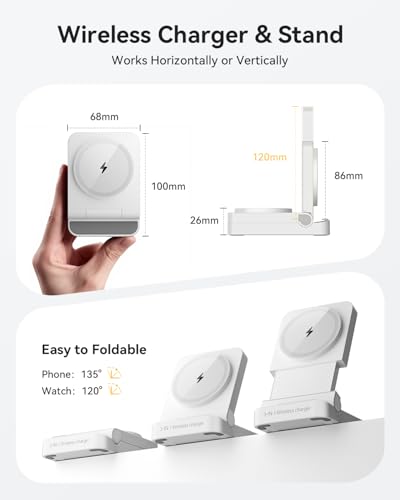 3-in-1 Foldable & Retractable Magnetic Wireless Charger, 15W Fast Charging Station, Portable Fast Charging Stand, Charging for iPhone 17/16/15/14/13/12, Apple Watch, AirPods (White) - color: White