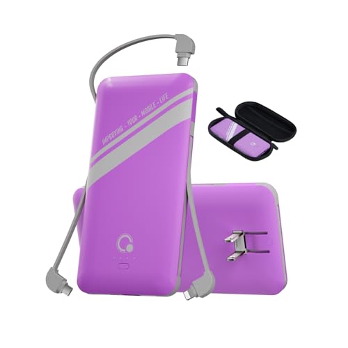 10000mAh Power Bank, Q Slim Portable Charger,4 Output External Battery Pack with Built-in AC Wall Plug Micro USB C Three Cables Compatible with Different Kinds of Mobilephone (Purple) - color: Purple