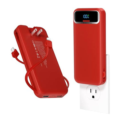 aonidi Portable Charger 12000mAh with Built-in Cables&AC Wall Plug, Red - color: Red