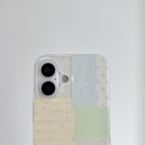 for iPhone 16 Case, Pastel Patchwork Phone Cover with Crystal Heart Beaded Strap & Bow Charm, Cute Kawaii Clear Protective Case for Women Girls(Lanyard+Phone case, iphone16) - size: iphone16