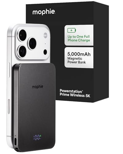 Mophie Powerstation Prime Wireless 5K Power Bank - Magnetic Wireless Portable Charger 5,000mAh Internal Battery External Battery Pack Slim Profile Travel Power Bank with Hidden Digital Display - Gray