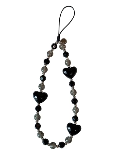 Drawwind Phone Charm Beaded Wristlet Strap Universal Cell Phone Lanyard Cute Bracelet Wrist Strap Beaded Chain String Handmade Accessories for Case Camera Bags (Black Hearts) - color: Black Hearts