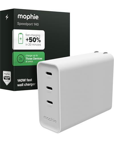 Mophie Speedport 140 GAN USB-C Charger Block - 140W Fast Wall Charger, 3× USB‑C PD Ports, Compact Foldable Prongs, Made with Recycled Materials, for Smartphones, Tablets, Headphones - style: 140W