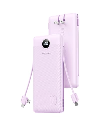 VEGER Portable Charger, 10000mAh Power Bank Built in Wall Plug and Cables - color: Purple