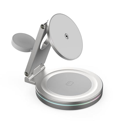 Foldable 360º Rotatable Zinc Alloy 3-in-1 Magnetic Wireless Charger,3 in 1 Charging Station,Charging Stand,15W for iPhone 12-17,for Apple Smartwatches, AirPods (Adapter Included) (White) - color: white