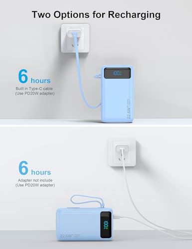 Nusyddy Portable Charger 27000mAh 22.5W w/Built-in Cable & LED Display Blue - color: Blue