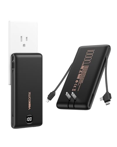 VEEKTOMX Portable Charger with Built-in Cables and AC Wall Plug, 10000mAh
