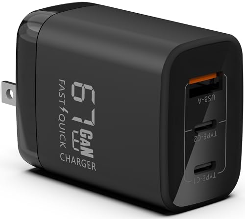Fast 67W Dual USB-C Plus USB-A Charger - GaN Power Delivery - Fast Compact Power Adapter for Laptops, Smart Phones, Tablets and Thousands of Other Devices (Black, 67W) - color: Black, size: 67W