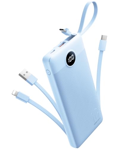 10000mAh Portable Charger, Slim Power Bank with Built-in Cables, Battery Pack 5 Outputs 2 Inputs LED Display Compatible with iPhone/Android & More (Blue) - color: Blue