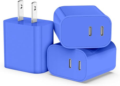 USB C Charger Block 3 Pack, Dual Port 20W Fast Wall Plug (Blue) - color: Blue
