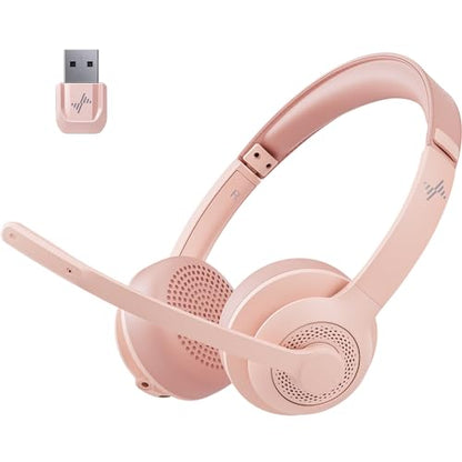 JIAMQISHI Pink Wireless Bluetooth Headset 5.2, AI Noise Cancelling Mic Headphones with USB Dongle Mute for Laptop & Cell Phones - color: Pink