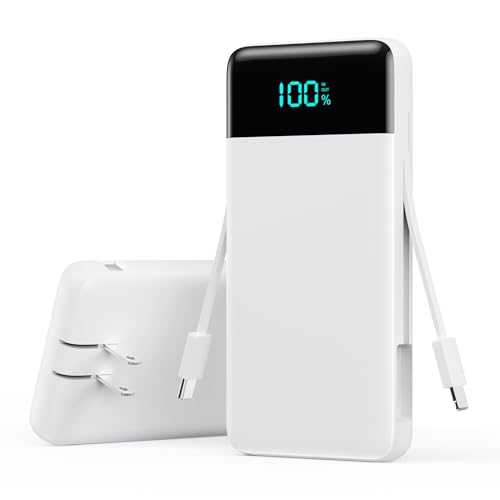 Portable Charger with Built-in AC Plug and Cables,13800mAh All in One USB C Fast Charging Power Bank,Travel Essentials Portable Phone Charger Battery Pack for iPhone 17/16/15/14,Galaxy,Android-White - color: White