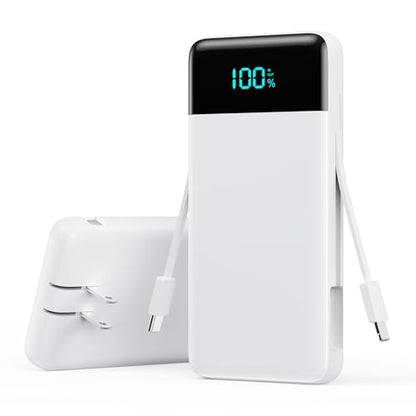 Portable Charger with Built-in AC Plug and Cables,13800mAh All in One USB C Fast Charging Power Bank,Travel Essentials Portable Phone Charger Battery Pack for iPhone 17/16/15/14,Galaxy,Android-White - color: White