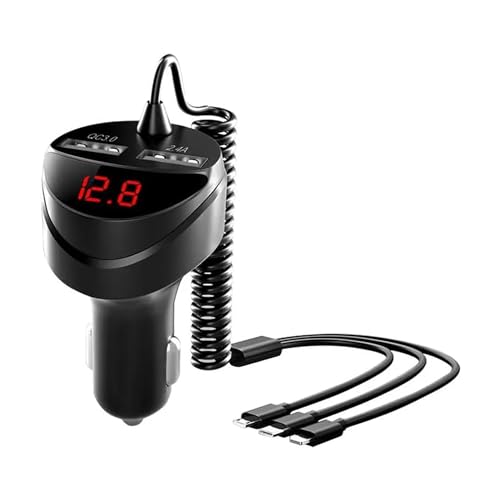 Retractable Car Charger 5 in 1 with Voltage Monitoring LED Display - 18W Car Phone Charger with Built-in Retractable Charging Cable Compatible with iPhone, Samsung & Android Phones