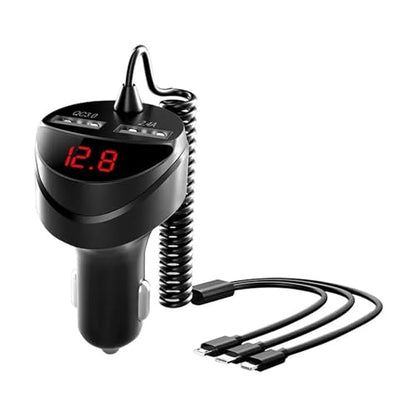 Retractable Car Charger 5 in 1 with Voltage Monitoring LED Display - 18W Car Phone Charger with Built-in Retractable Charging Cable Compatible with iPhone, Samsung & Android Phones