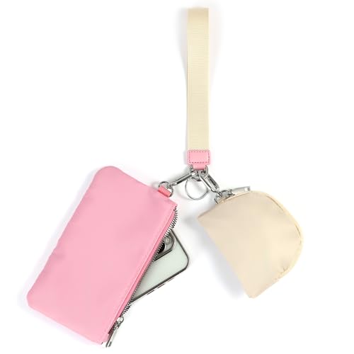 Mini Zip Around Wristlet Wallet, Dual Pouch Keychain Coin Purse for Women | Phone wallet design, detachable pouches, waterproof nylon, zipper closure, card holder, travel and daily essentials organizer - color: Pink+White
