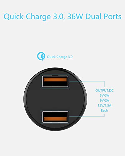 Car Charger, Mini 36W Dual USB QC 3.0 Ports Fast Car Charger Adapter Compatible with Samsung Note 9/Galaxy S10/S9/S8, Black