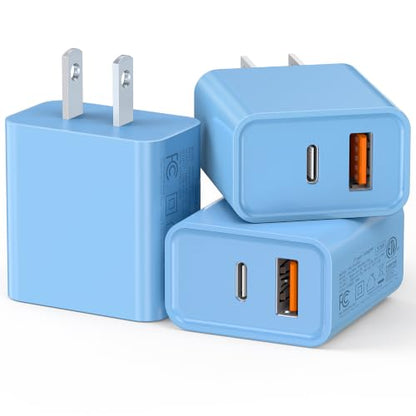 3 Pack USB C Cube Wall Charger, 20W Durable Dual Port QC+PD 3.0 ETL Certified Power Adapter, Fast Charging Block for iPhone 14/15/16/17 Pro/Pro Max/Plus, iPad Pro (Blue) - color: Light Blue