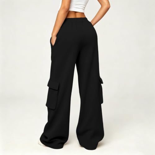 Cargo Sweatpants For Women Baggy Drawstring Waist Hiking Pants Lightweight Y2k Stretch Athletic Joggers With Pockets - color: Black, size: Large
