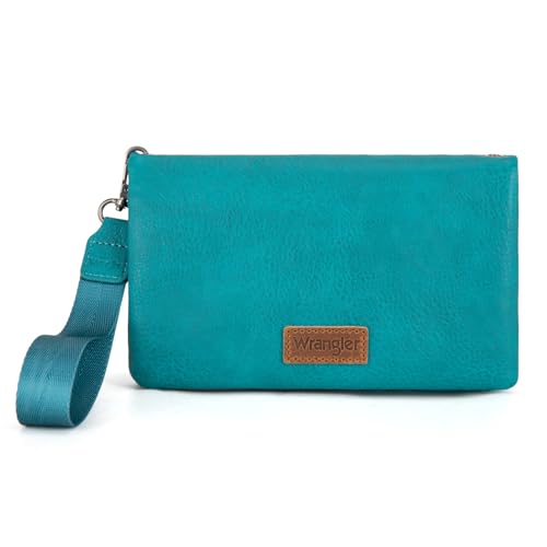 Wrangler Wristlet Wallet for Women Small Wallet Purse RFID Blocking Bifold Clutch Credit Card Holder Purse with Crossbody Strap - color: B-turquoise